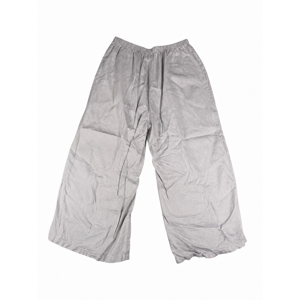 FLAX Womens M 100% Linen Flood Pants Wide Leg Crop Pull On Light Gray Lagenlook